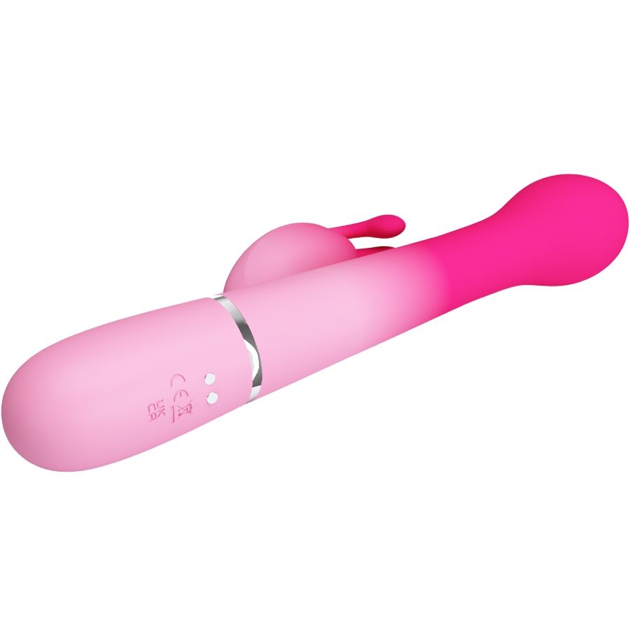 Close-up do PRETTY LOVE Vibrador Rabbit Multifuncional 3 em 1, destacando seu design ergonômico em silicone rosa e as diferentes texturas para estimulação.