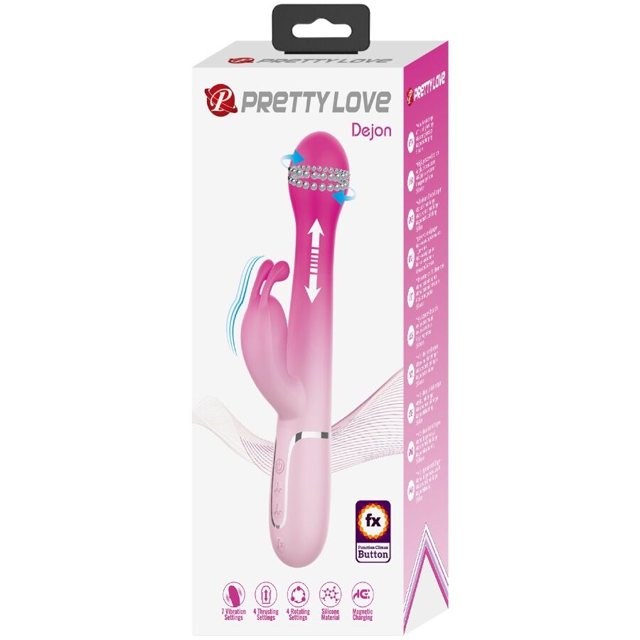 Close-up do PRETTY LOVE Vibrador Rabbit Multifuncional 3 em 1, destacando seu design ergonômico em silicone rosa e as diferentes texturas para estimulação.