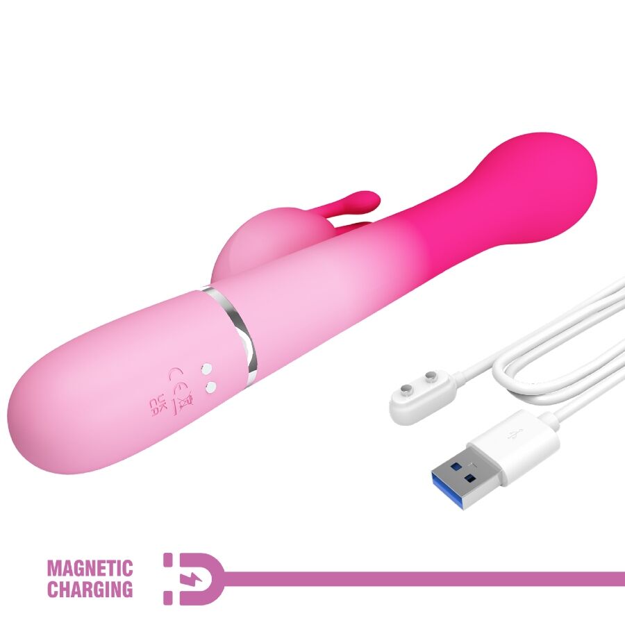 Close-up do PRETTY LOVE Vibrador Rabbit Multifuncional 3 em 1, destacando seu design ergonômico em silicone rosa e as diferentes texturas para estimulação.