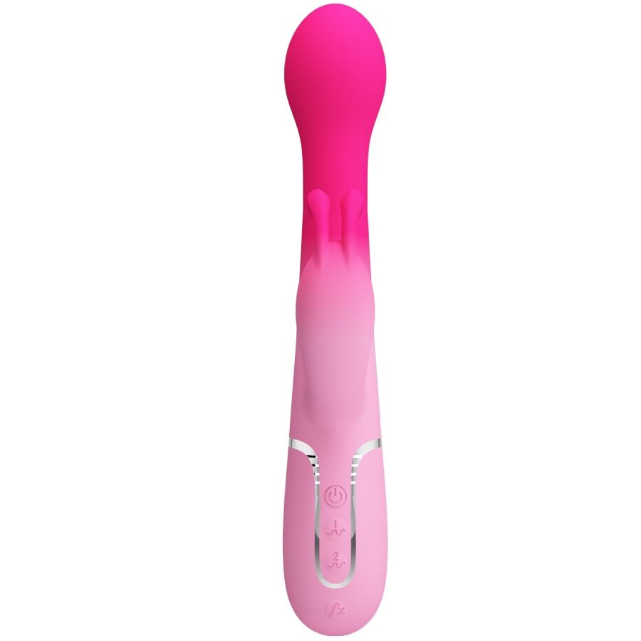 Close-up do PRETTY LOVE Vibrador Rabbit Multifuncional 3 em 1, destacando seu design ergonômico em silicone rosa e as diferentes texturas para estimulação.
