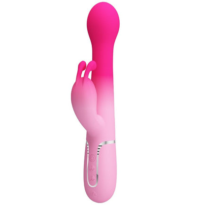 Close-up do PRETTY LOVE Vibrador Rabbit Multifuncional 3 em 1, destacando seu design ergonômico em silicone rosa e as diferentes texturas para estimulação.