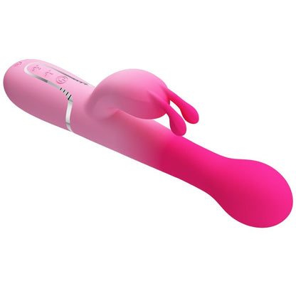Close-up do PRETTY LOVE Vibrador Rabbit Multifuncional 3 em 1, destacando seu design ergonômico em silicone rosa e as diferentes texturas para estimulação.
