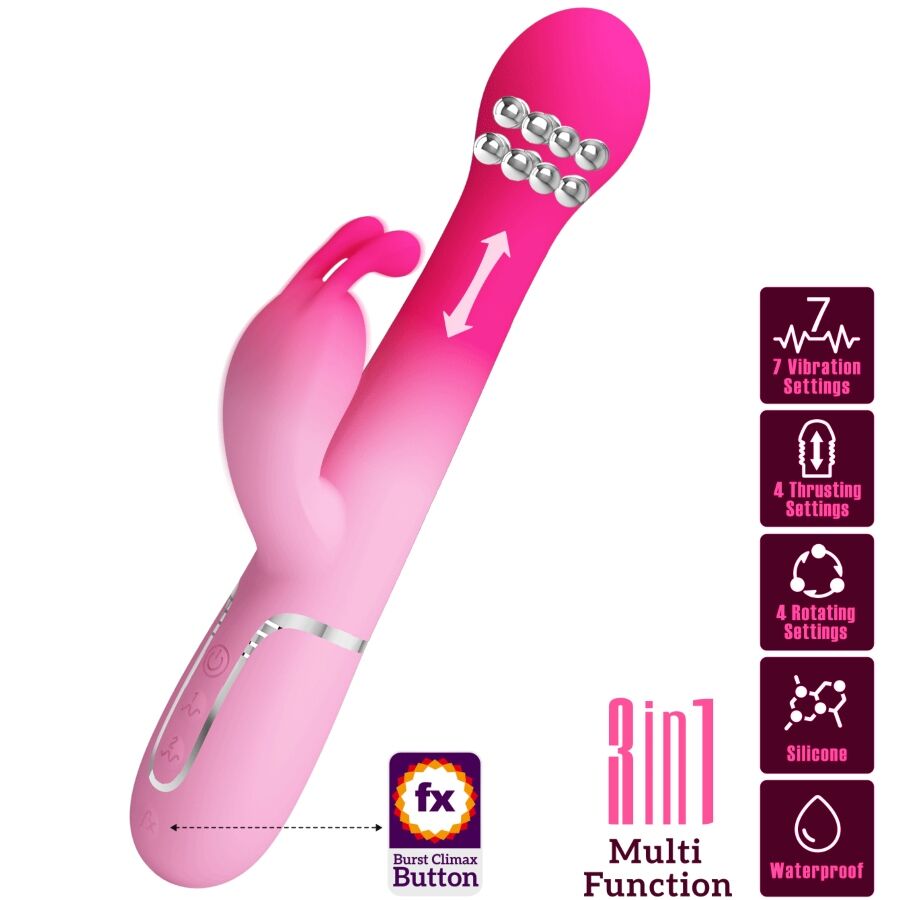 Close-up do PRETTY LOVE Vibrador Rabbit Multifuncional 3 em 1, destacando seu design ergonômico em silicone rosa e as diferentes texturas para estimulação.