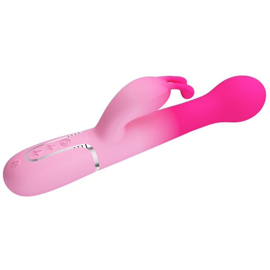 Close-up do PRETTY LOVE Vibrador Rabbit Multifuncional 3 em 1, destacando seu design ergonômico em silicone rosa e as diferentes texturas para estimulação.