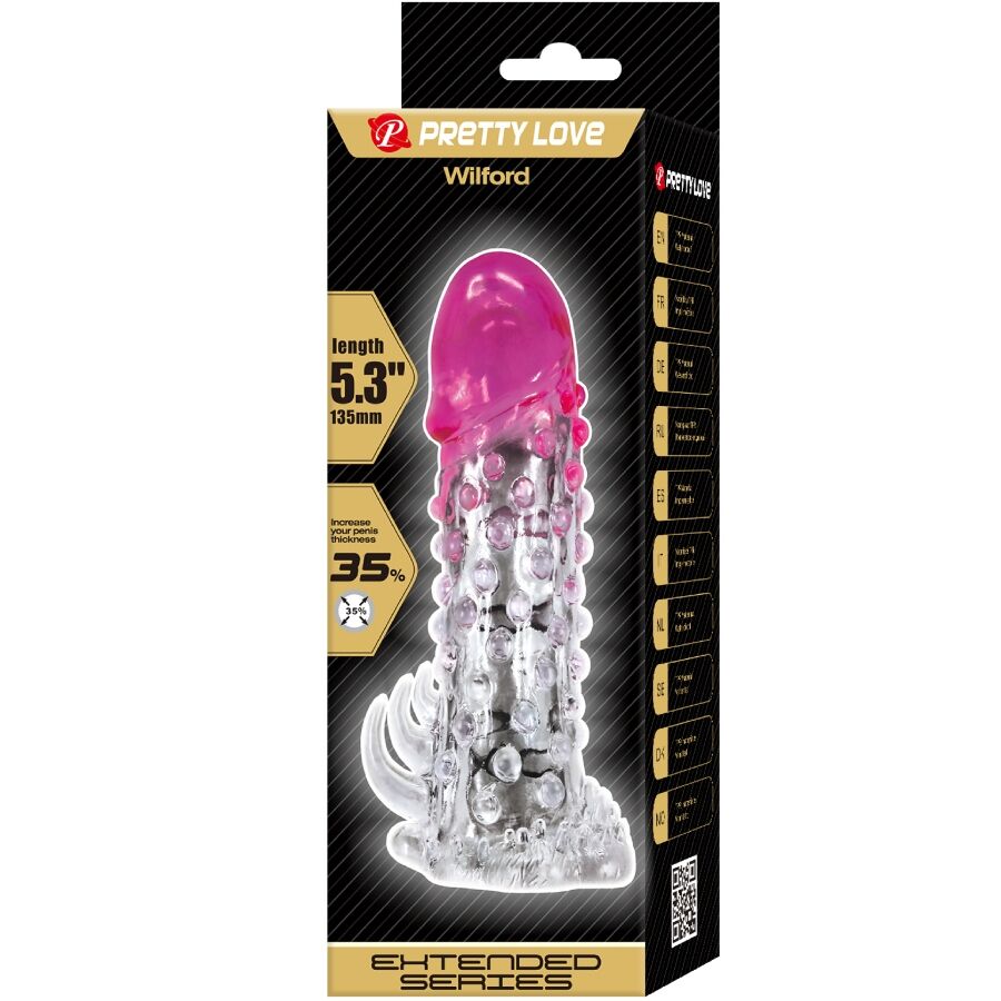 Close-up of the PRETTY LOVE Bainha de Ampliação Realista Wilford, showcasing its realistic design, textured shaft, and stimulating features.