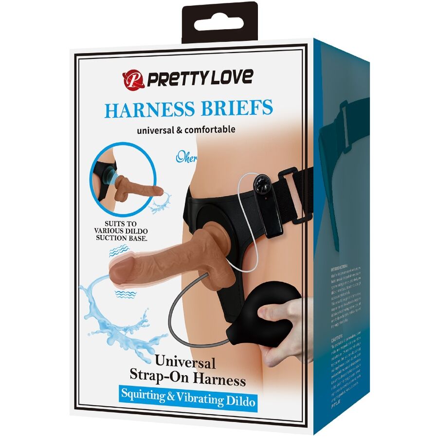 Close-up da Calcinha Universal PRETTY LOVE com Dildo Vibratório e Squirting 15,5 CM Mulato, mostrando o design realista e o arnês ajustável.