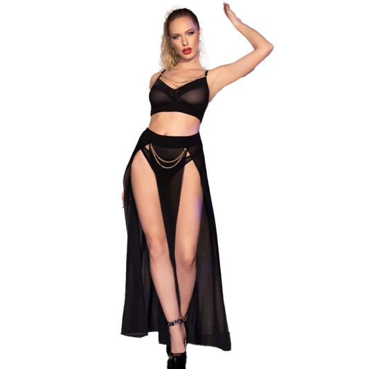 Conjunto Lingerie Top, Saia e Tanga Preta Correntes Douradas