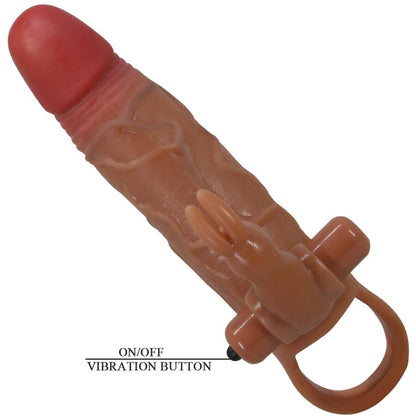 Close-up da Manga de Pénis PRETTY LOVE Osmar com Estimulador Clitoriano Vibrante, destacando o material TPR e o design transparente.