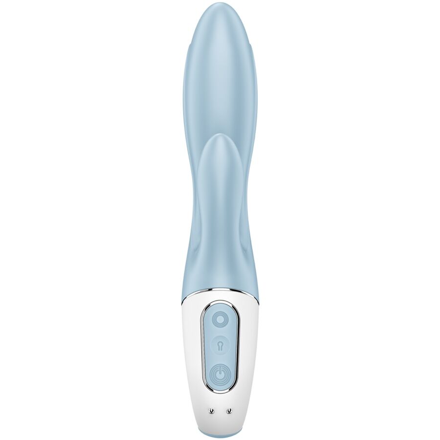 Close-up of the SATISFYER Bomba de Ar Bunny 1 Vibrador Inflável Azul, highlighting its flexible shaft and clitoral stimulator.