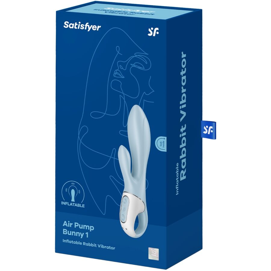 Close-up of the SATISFYER Bomba de Ar Bunny 1 Vibrador Inflável Azul, highlighting its flexible shaft and clitoral stimulator.