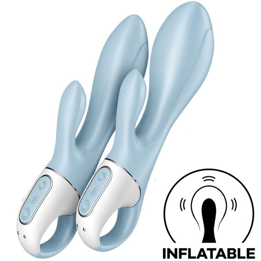 Close-up of the SATISFYER Bomba de Ar Bunny 1 Vibrador Inflável Azul, highlighting its flexible shaft and clitoral stimulator.