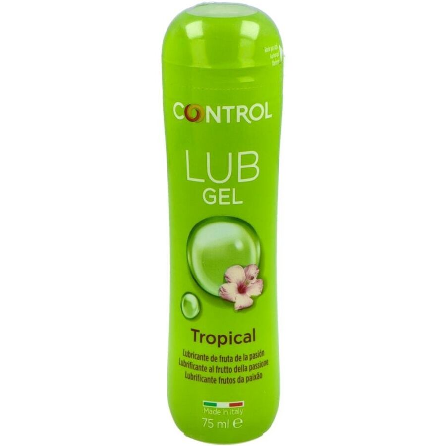 Imagem do CONTROL Gel Lubrificante Tropical 75 ML, embalagem e textura do produto.