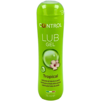 Imagem do CONTROL Gel Lubrificante Tropical 75 ML, embalagem e textura do produto.