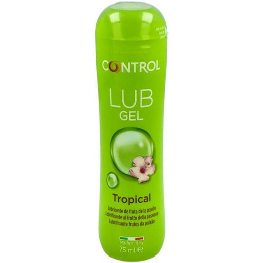 Imagem do CONTROL Gel Lubrificante Tropical 75 ML, embalagem e textura do produto.