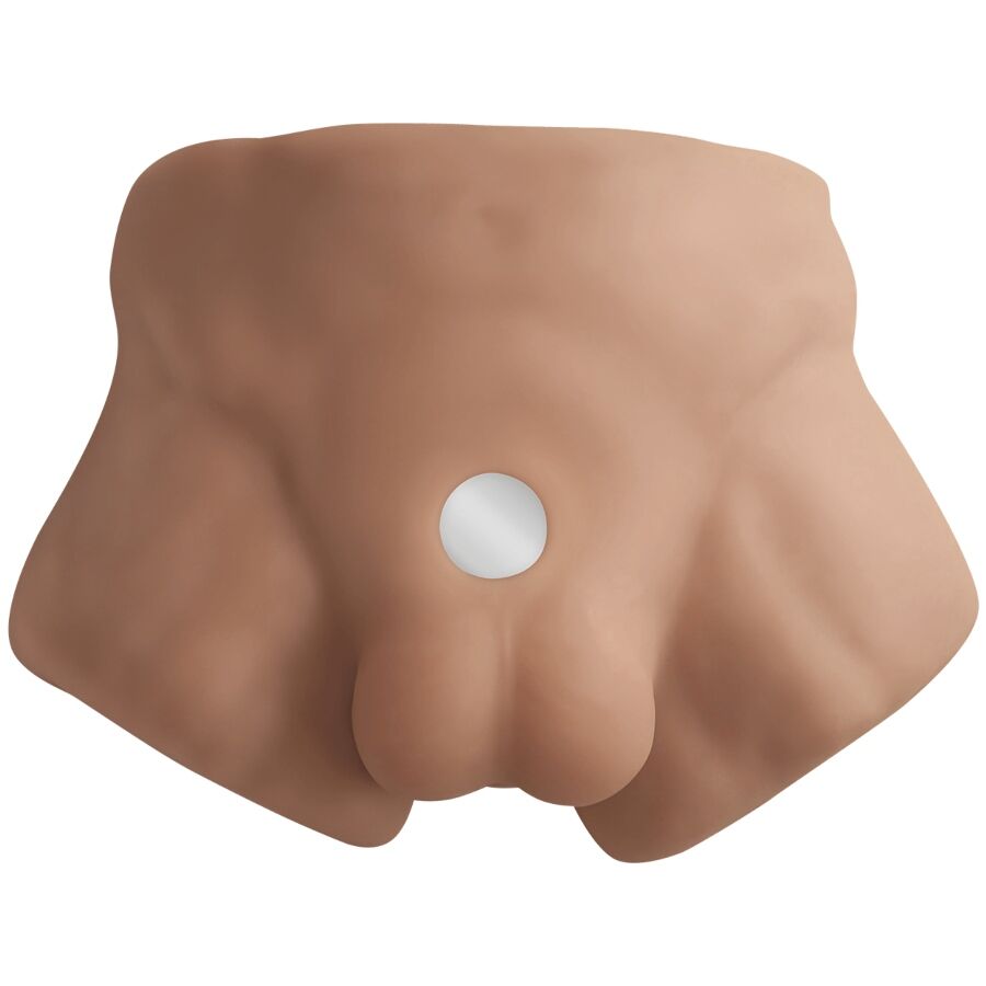 Close-up do torso realista masculino SILEXD Apollo S na cor caramelo, mostrando a textura e o design.
