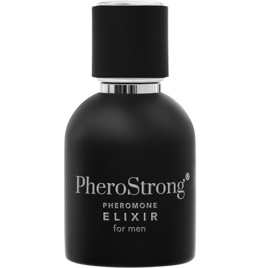 Frasco do PHEROSTRONG Elixir de Feromônios Para Homens 50 ML, destacando seu design elegante e líquido dourado.