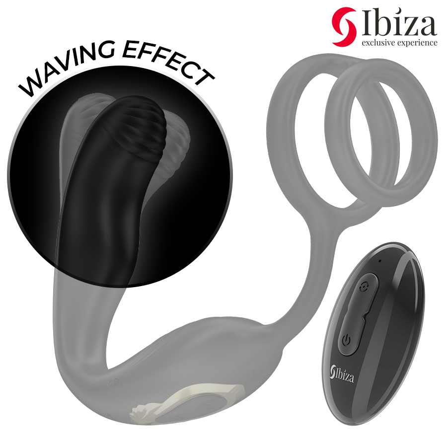Close-up do IBIZA Anel Vibratório Giratório Wiggle, mostrando a sua textura em silicone e o controle remoto.