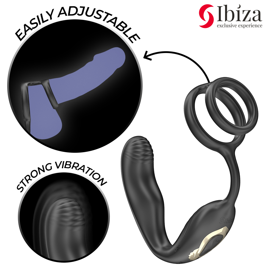 Close-up do IBIZA Anel Vibratório Giratório Wiggle, mostrando a sua textura em silicone e o controle remoto.