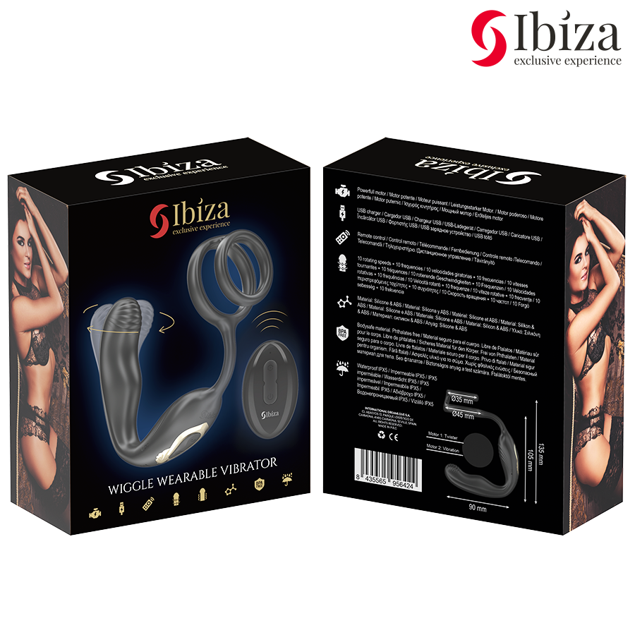 Close-up do IBIZA Anel Vibratório Giratório Wiggle, mostrando a sua textura em silicone e o controle remoto.