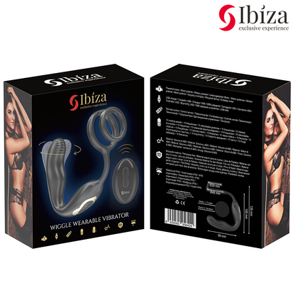 Close-up do IBIZA Anel Vibratório Giratório Wiggle, mostrando a sua textura em silicone e o controle remoto.
