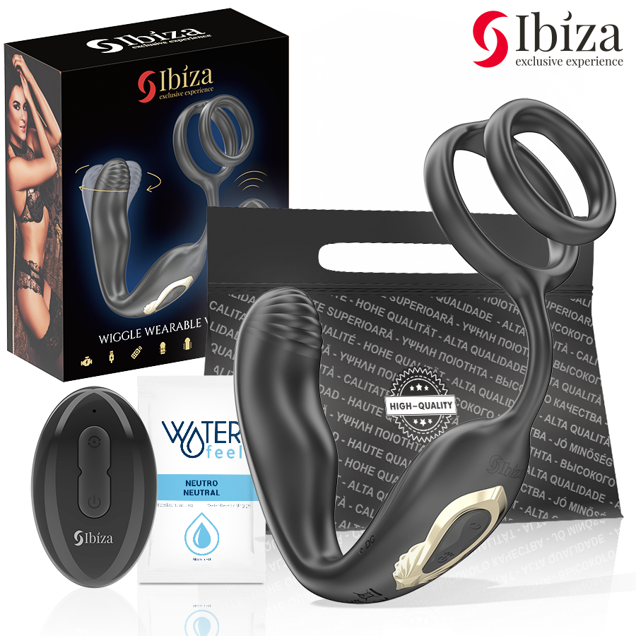 Close-up do IBIZA Anel Vibratório Giratório Wiggle, mostrando a sua textura em silicone e o controle remoto.
