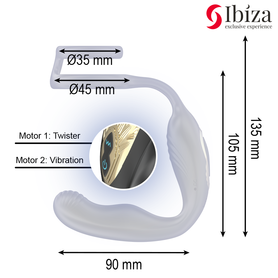 Close-up do IBIZA Anel Vibratório Giratório Wiggle, mostrando a sua textura em silicone e o controle remoto.