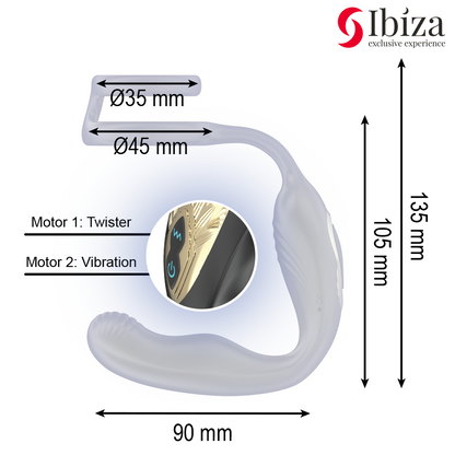 Close-up do IBIZA Anel Vibratório Giratório Wiggle, mostrando a sua textura em silicone e o controle remoto.