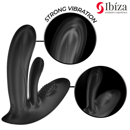 Close-up do Vibrador Vestível IBIZA com Dupla Estimulação G/Clitóris e Controle Remoto, mostrando seu design ergonômico e material de silicone.