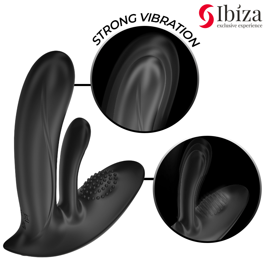 Close-up do Vibrador Vestível IBIZA com Dupla Estimulação G/Clitóris e Controle Remoto, mostrando seu design ergonômico e material de silicone.