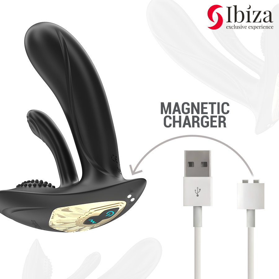 Close-up do Vibrador Vestível IBIZA com Dupla Estimulação G/Clitóris e Controle Remoto, mostrando seu design ergonômico e material de silicone.