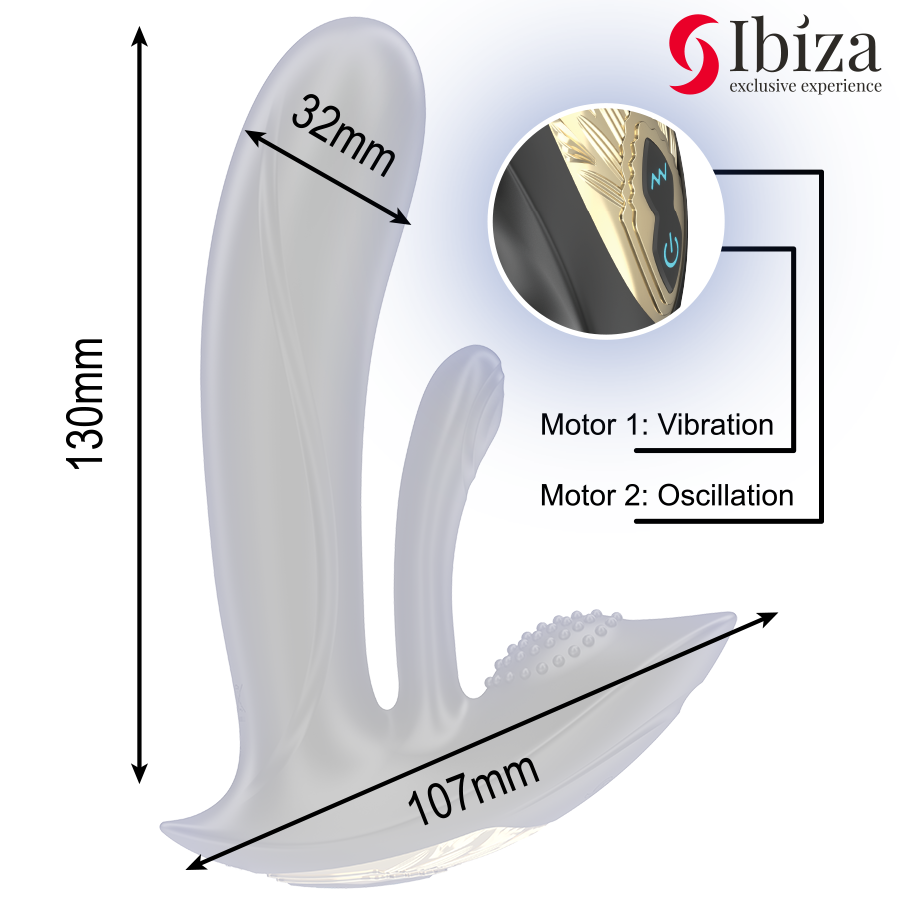 Close-up do Vibrador Vestível IBIZA com Dupla Estimulação G/Clitóris e Controle Remoto, mostrando seu design ergonômico e material de silicone.