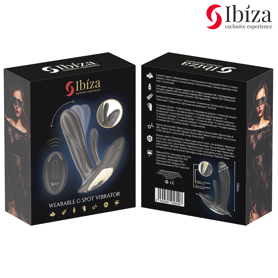 Close-up do Vibrador Vestível IBIZA com Dupla Estimulação G/Clitóris e Controle Remoto, mostrando seu design ergonômico e material de silicone.