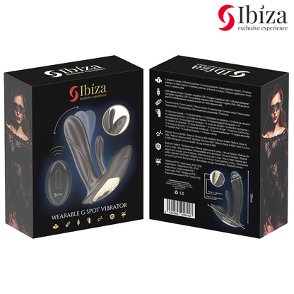 Close-up do Vibrador Vestível IBIZA com Dupla Estimulação G/Clitóris e Controle Remoto, mostrando seu design ergonômico e material de silicone.