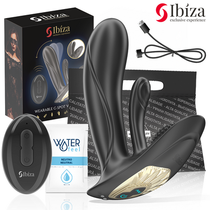 Close-up do Vibrador Vestível IBIZA com Dupla Estimulação G/Clitóris e Controle Remoto, mostrando seu design ergonômico e material de silicone.