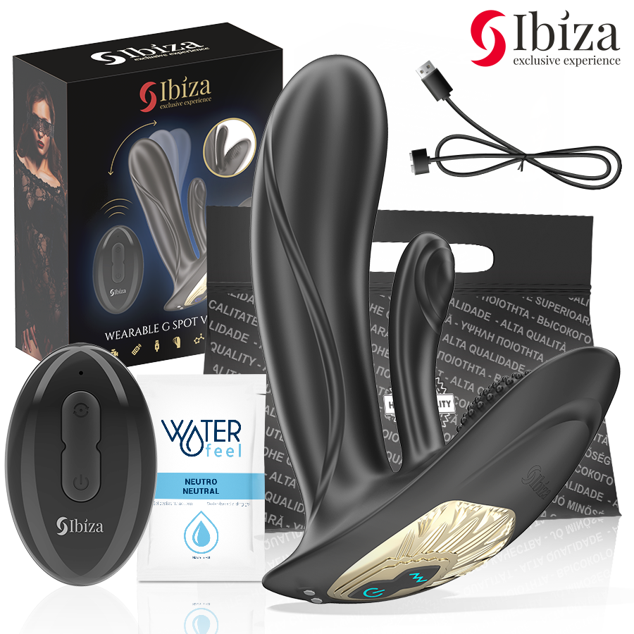 Close-up do Vibrador Vestível IBIZA com Dupla Estimulação G/Clitóris e Controle Remoto, mostrando seu design ergonômico e material de silicone.