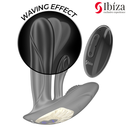 Close-up do Vibrador Vestível IBIZA com Dupla Estimulação G/Clitóris e Controle Remoto, mostrando seu design ergonômico e material de silicone.