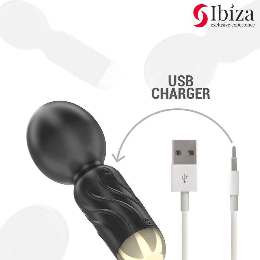 IBIZA Vibrador de Varinha de Bolso Recarregável USB com 10 modos de vibração e corpo em silicone, ideal para prazer portátil e discreto.