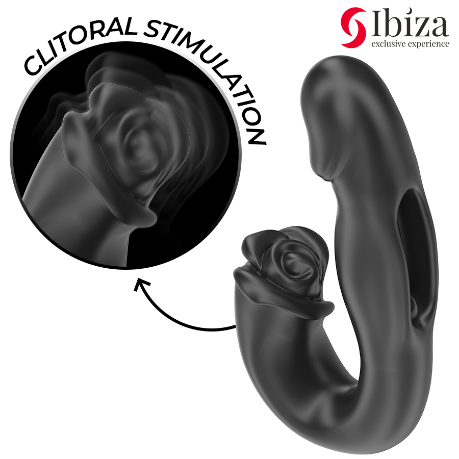Vibrador Rosa IBIZA com efeito oscilante e estimulador clitoriano, detalhes do design e funcionalidades.
