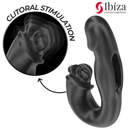 Vibrador Rosa IBIZA com efeito oscilante e estimulador clitoriano, detalhes do design e funcionalidades.
