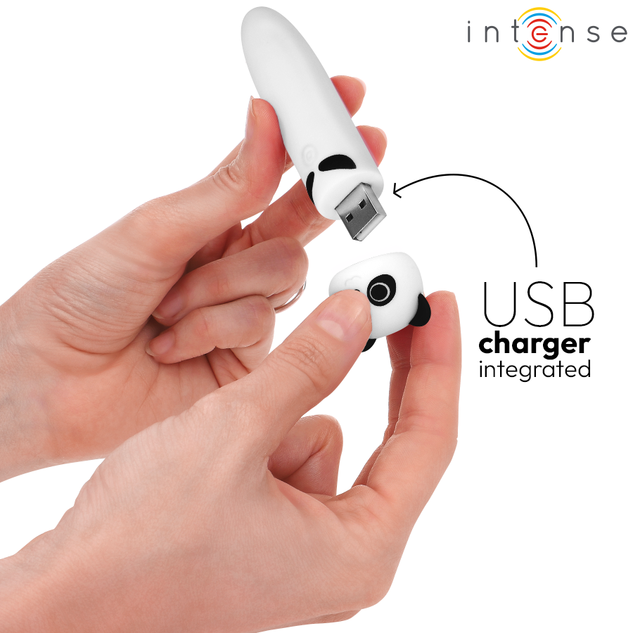 Close-up da Bala Vibratória INTENSE POH Panda USB Recarregável 10 x 2,2 CM, mostrando seu design fofo e material de silicone.