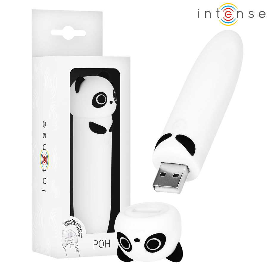 Close-up da Bala Vibratória INTENSE POH Panda USB Recarregável 10 x 2,2 CM, mostrando seu design fofo e material de silicone.