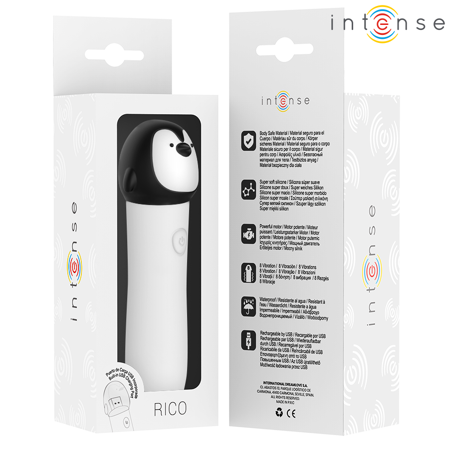 Close-up da Bala Vibratória Intense Rico Penguin, mostrando seu design compacto e silicone suave.