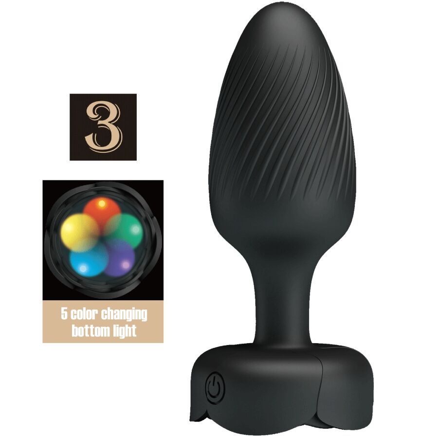 Close-up do Plug Anal Vibratório PRETTY LOVE OSBORN com Luz LED, mostrando o design ergonómico e a base.