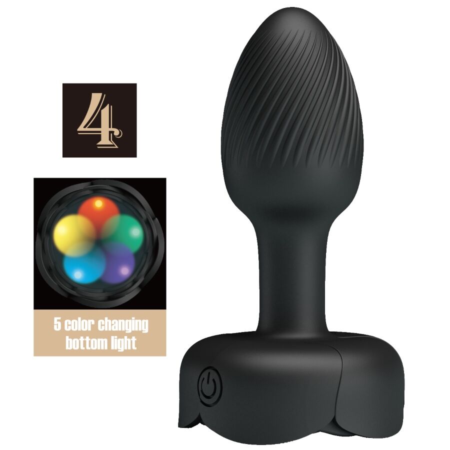 Close-up do PRETTY LOVE Plug Anal Vibratório com Luz LED, mostrando o design elegante e o material de silicone.