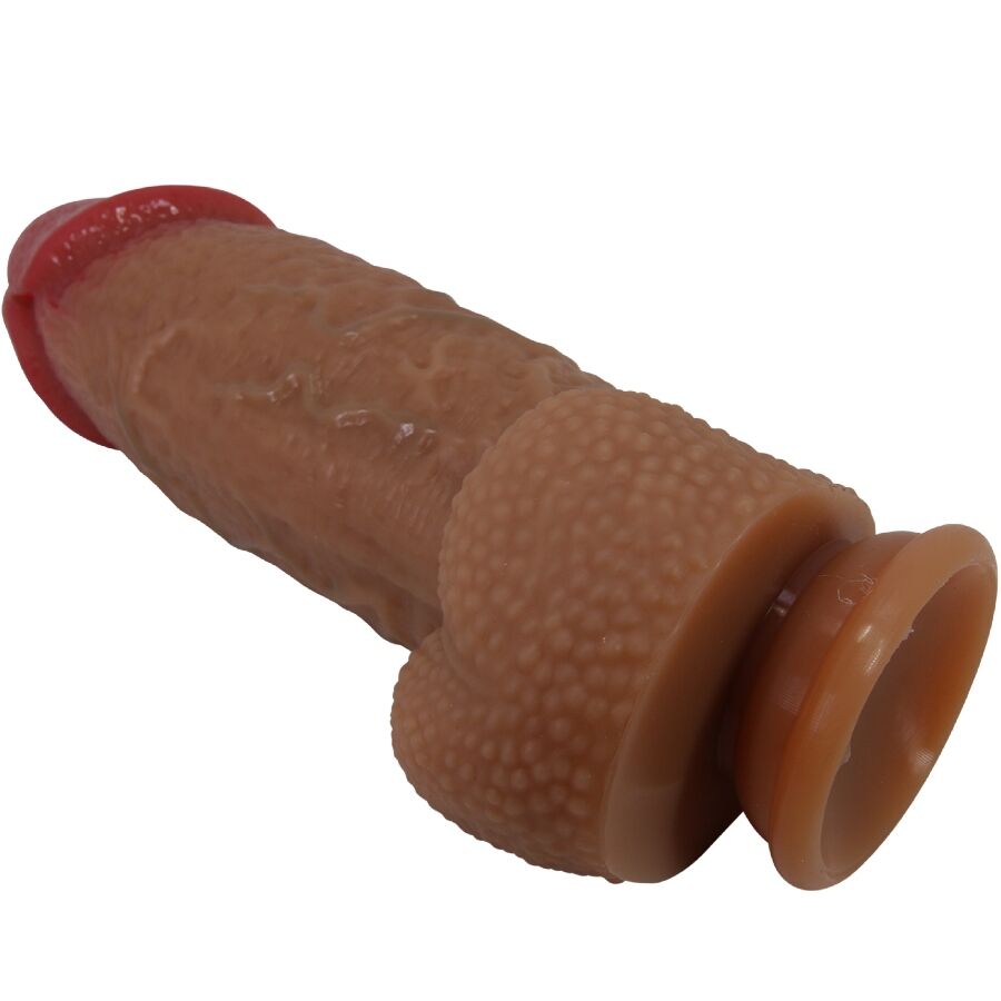Close-up of the PRETTY LOVE Dildo Achille Ultra Realista 22 CM, showing its realistic skin texture and shape and suction cup base.