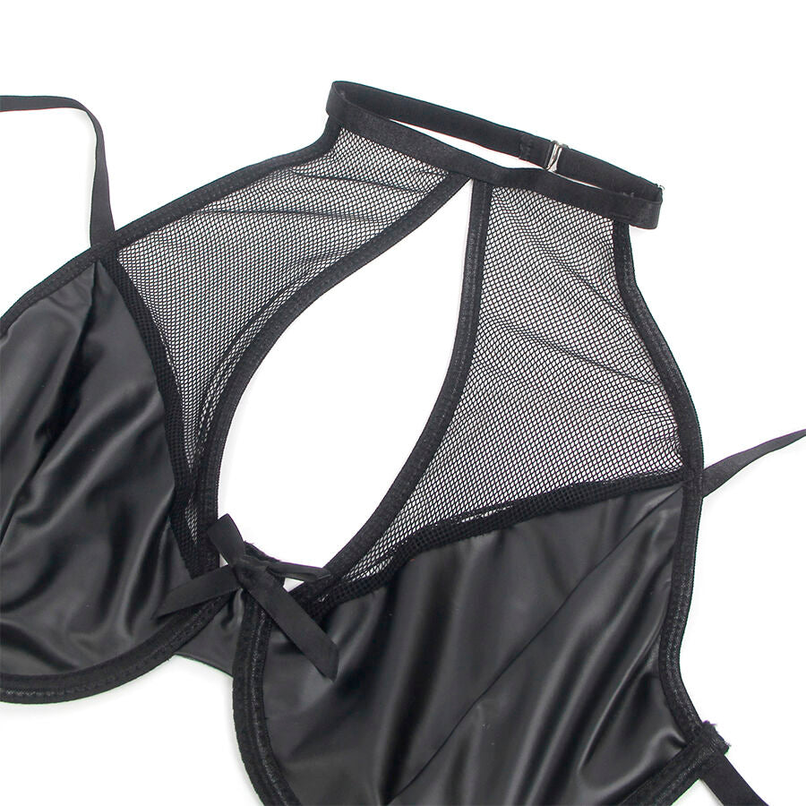 Conjunto de Lingerie SUBBLIME Halter Neck Couro PU com Cinta-liga