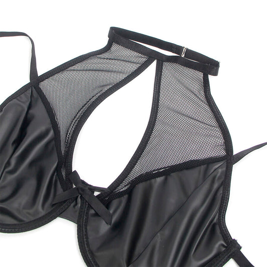 Conjunto de Lingerie SUBBLIME Halter Neck Couro PU com Cinta-liga