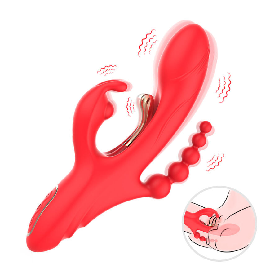 Close-up do vibrador ARMONY para estimulação de ponto G e clitóris, cor vermelha, mostrando seu design ergonômico.