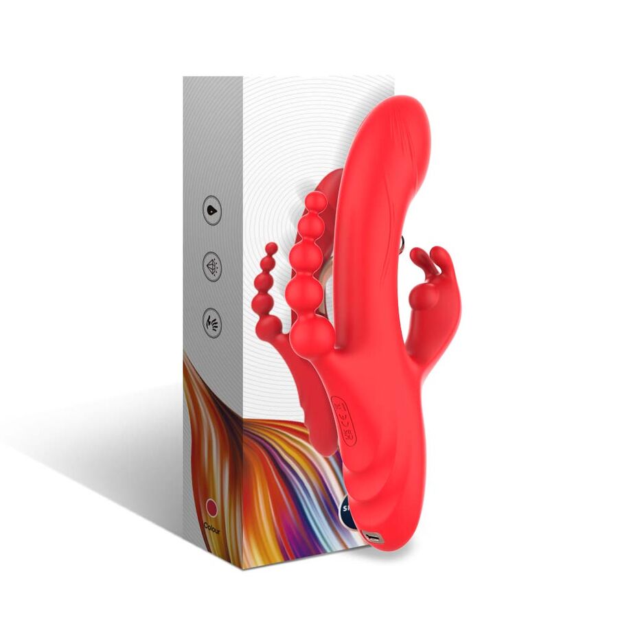 Close-up do vibrador ARMONY para estimulação de ponto G e clitóris, cor vermelha, mostrando seu design ergonômico.