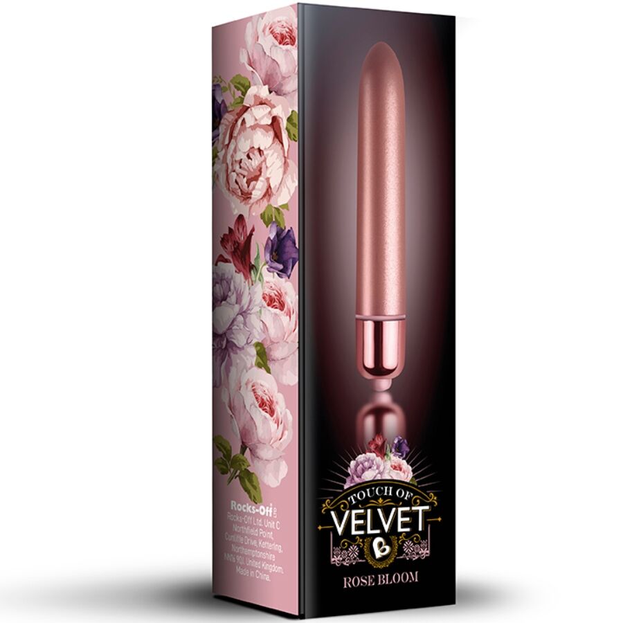 Close-up do ROCKS-OFF Bala Vibrante de Veludo Rose Bloom 10 Velocidades, destacando sua textura suave e design compacto.